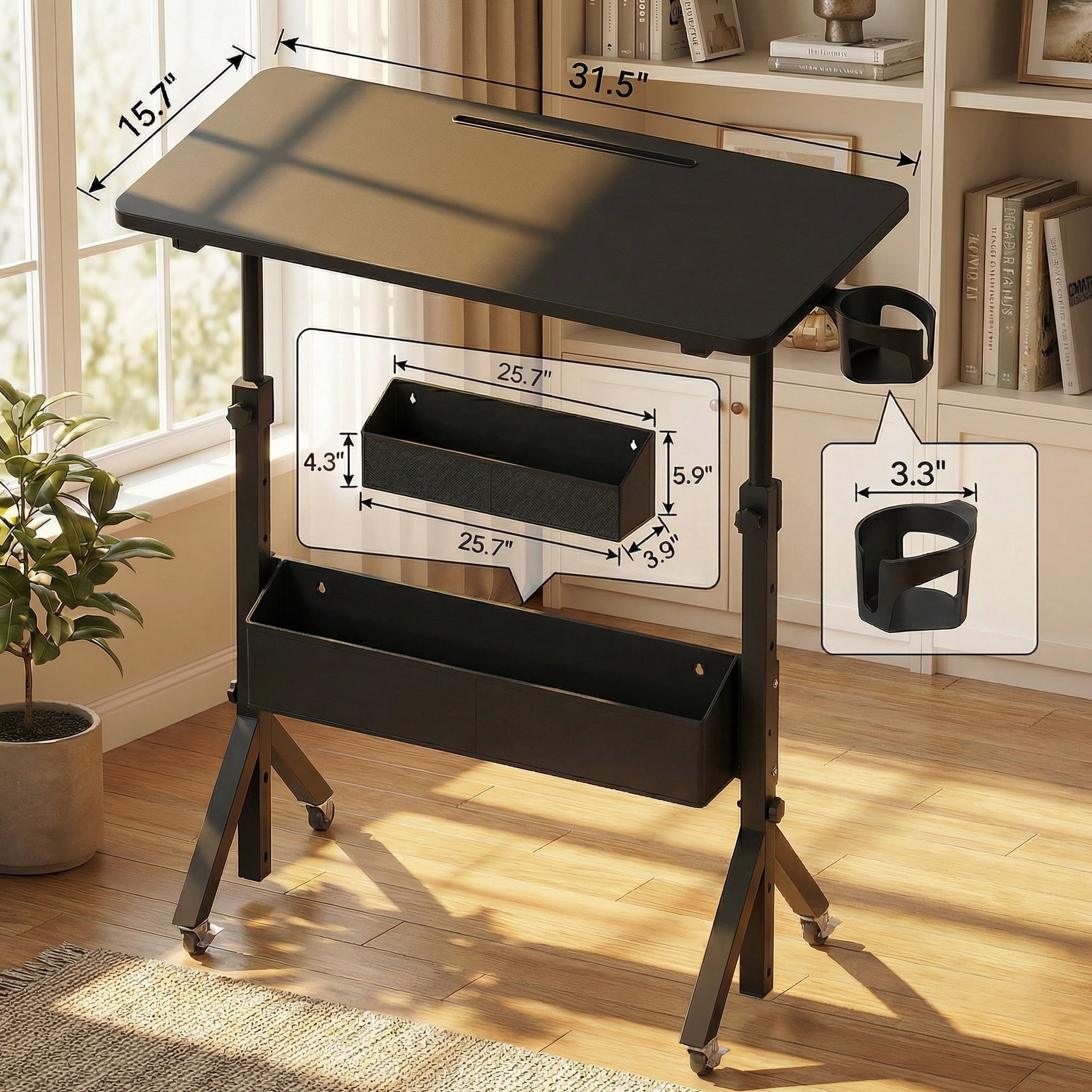 Kyspho Mobile Standing Desk with Wheels & Storage, Adjustable Height Rolling Laptop Cart with Cup Holder, Fits Treadmills, Black, 31.5" x 15.75"