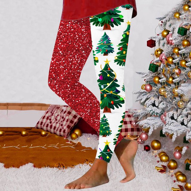 MKLEKYY Leggings de compresión para mujer Leggings para mujer Leggings de entrenamiento Pantalones con estampado navideño de bloques de color Leggings suaves y elásticos 2092