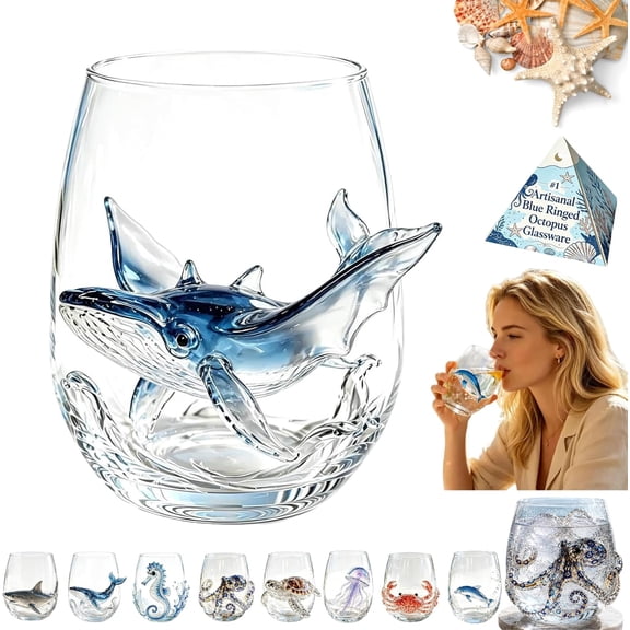Artisanal Blue Ringed Octopus Glassware, 12 Oz 3D Octopus Stemless Wine Glass, Borosilicate Marine Animal Tumbler for Cocktails, Coastal Home Bar Decor and Ocean Lover Gift (Fly fish)