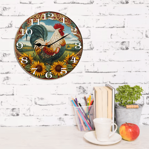 Kurmntregon Farmhouse Rooster Wall Clock Chicken Kitchen Wooden Decorative Wooden Battery Operated Quartz Silent Hanging Clock For Bedroom Living Room Kitchen Coffee Bar Round 10"