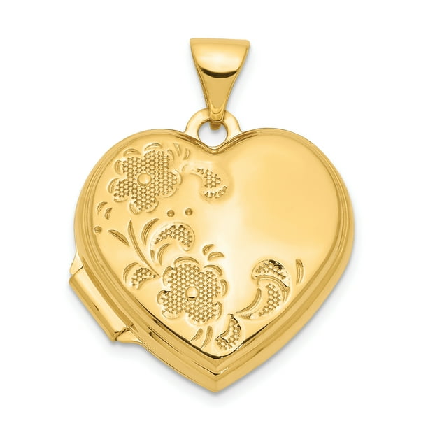 14k Yellow Gold 18mm Heart Shaped Flower Locket Pendant Charm