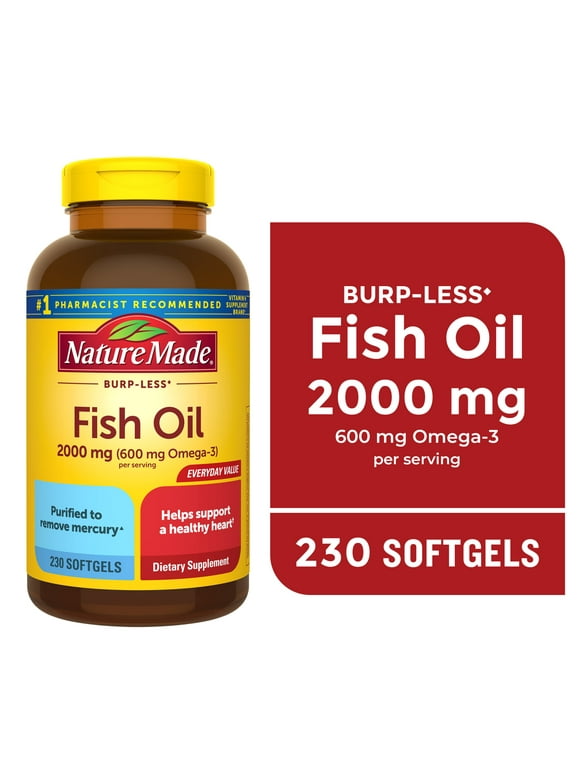 Nature Made Burp Less Fish Oil 2000 mg Per Serving Softgels, Omega 3 Fish Oil Supplements, 230 Count