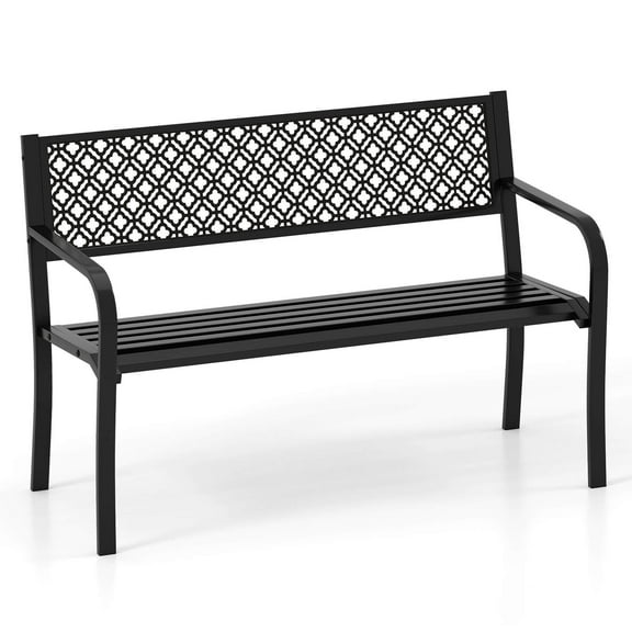 Costway 50" Outdoor Garden Bench with Geometric Lattice Backrest Armrests and Slatted Seat Black