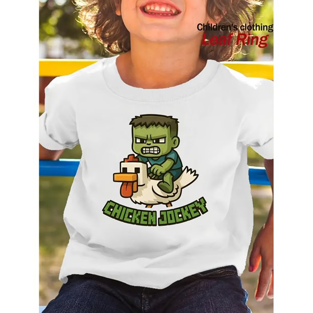 Chicken Jockey Fun Printed T-shirt, Suitable For A Child Who Likes Zombies And Chickens, Printed Short-sleeved T-shirt, Suitable For Boys And Girls, Comfortable Pure Cotton Short-sleeved T-shirt.