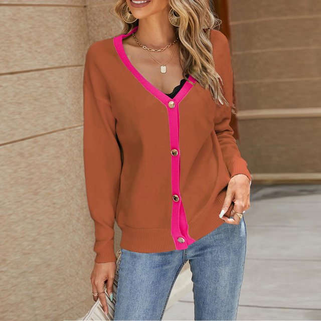 RKSTN Chandails pour Femmes à Manches Longues Col en V Patchwork Coloré Cardigan Décontracté Pull à Boutons Automne Chandails