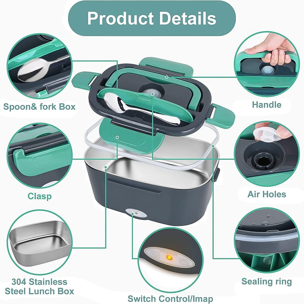 DFITO 40W Electric Heating Lunch Box, 2 In 1 Portable Food Heater for Home and Car, 1.5L Removable Stainless Steel Container, 110V/12V, with Fork Spoon, Green