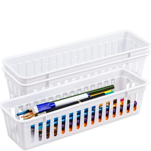 2 Pack Slim Plastic Storage Baskets Tray for Organizing 10.25x3.25x2.5 Inch Small Narrow Storage Bins Stackable Drawer Pencil Trays Holder for Desk Garage Cabinet Container (White)