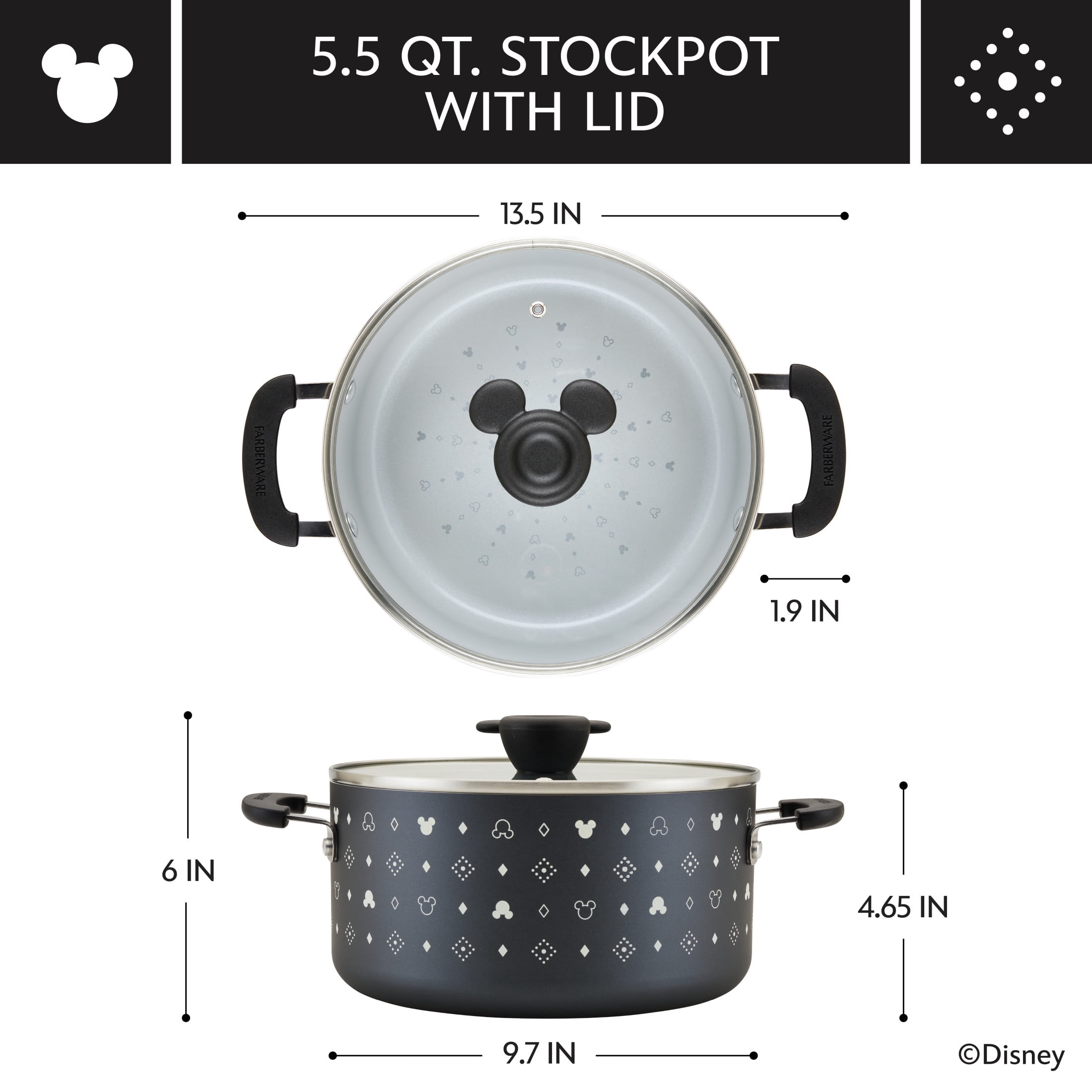 Farberware Disney Monochrome 5.5 Quart Ceramic Nonstick Stockpot with Lid, Dishwasher Safe, Black