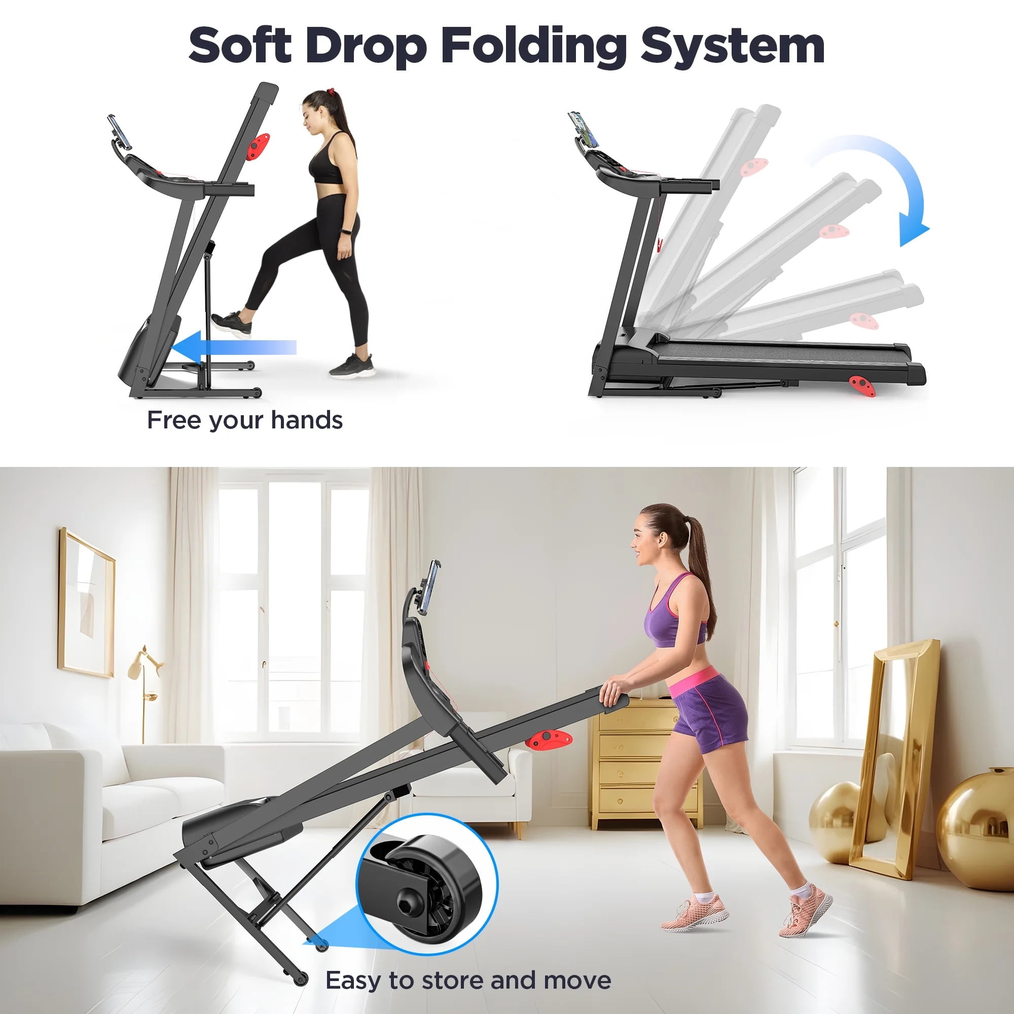 2.75HP Folding Treadmill with 300lb Capacity, 3 Adjustable Incline, 64+6+1 Program, Smart APP Connection, Bluetooth HiFi Stereo Speakers, 7.5MPH Portable Treadmill for Home Jogging walking