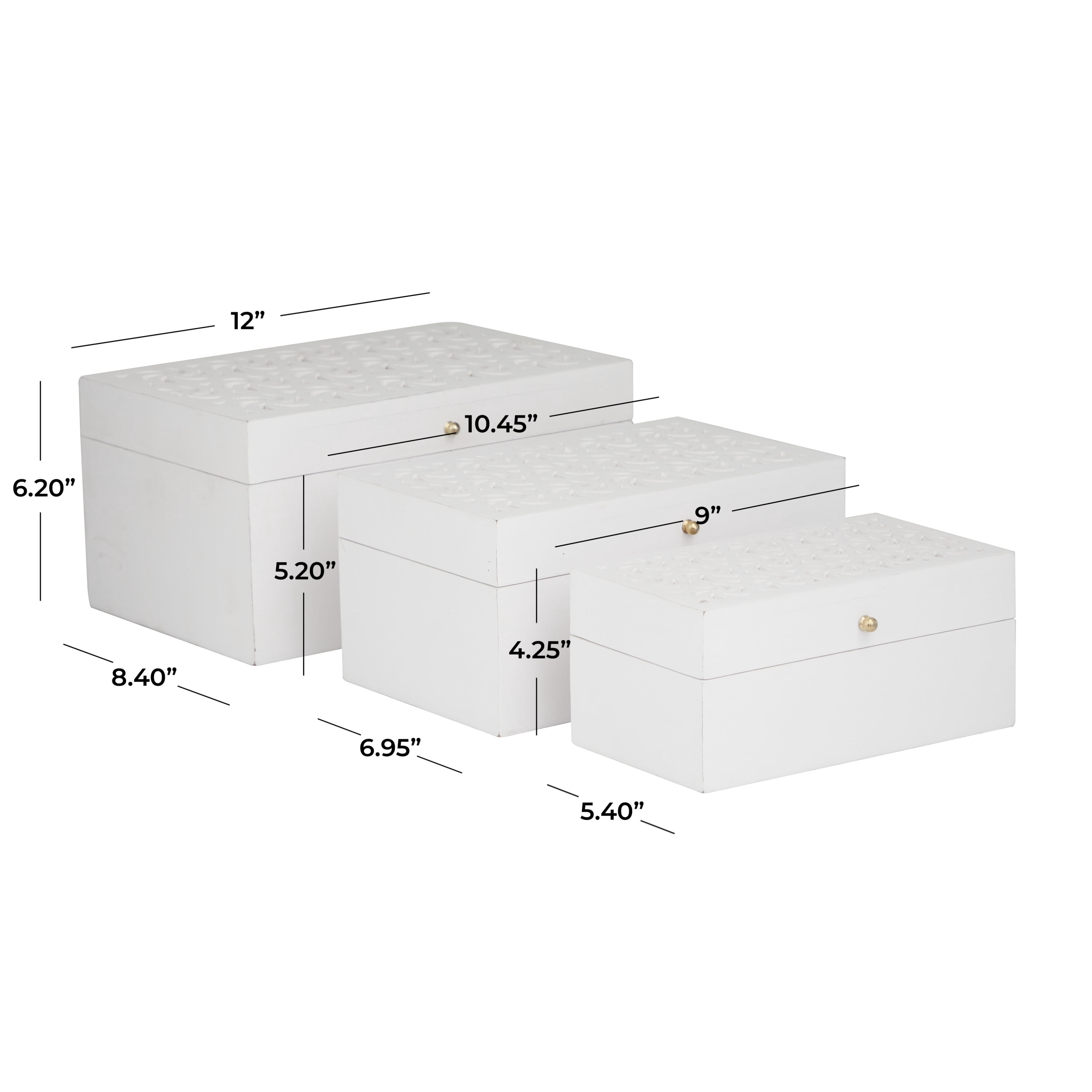DecMode Intricate Carved White Wood Decorative Box with Hinged Lid, 3 Count