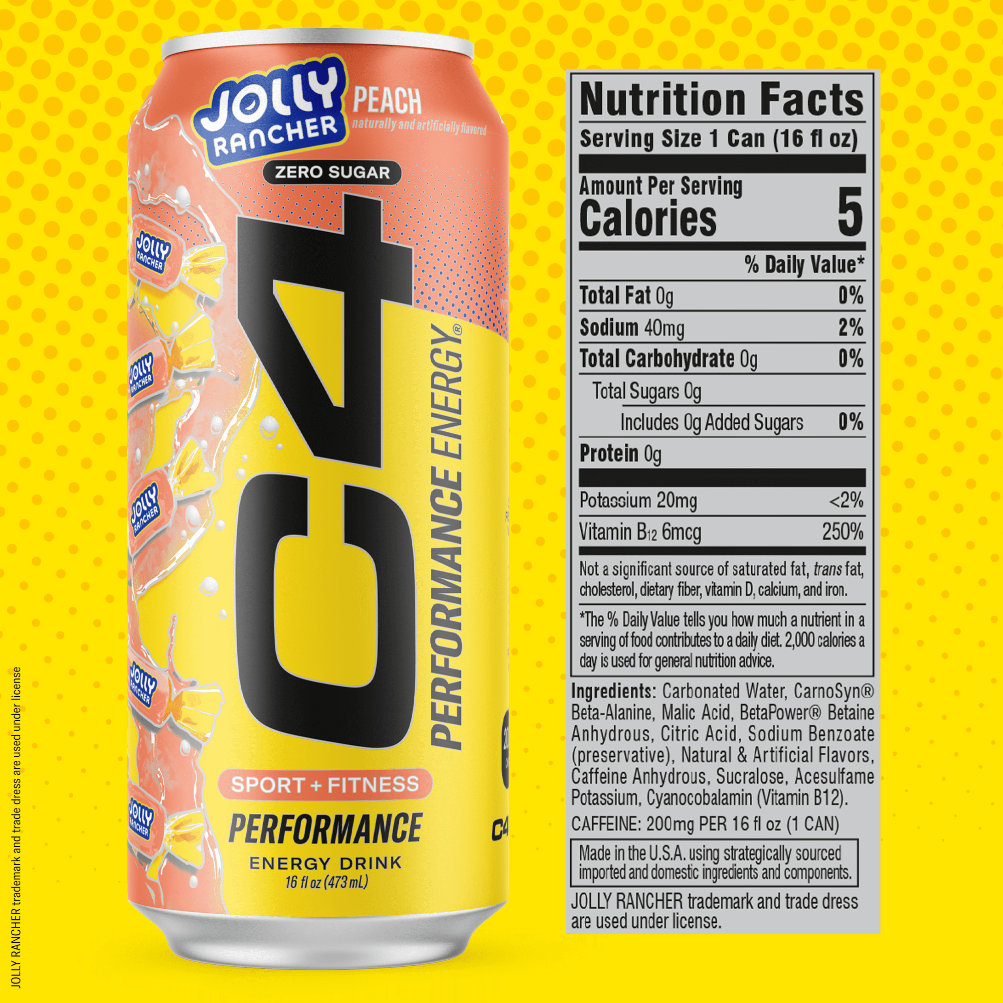 C4 Performance Energy Drink, Jolly Rancher Peach Flavor, 16 fl oz Cans, 12 Pack