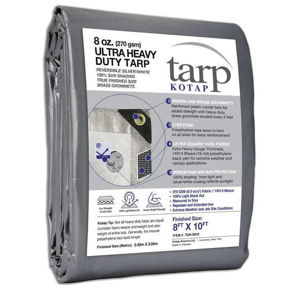 KOTAP 8 x 10 Ft. Ultra Heavy-Duty Protection/Coverage Tarp, Superior Weave, 16-mil, Reversible, Waterproof, Silver-White, TUH-0810