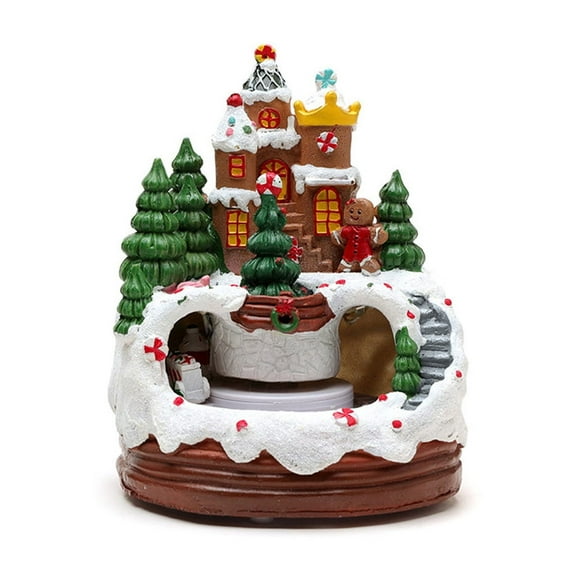 Lighted LED Musical Christmas Cabin Figurine Christmas Toy Music Box with Rotating Train for Kid Adult Christmas Present