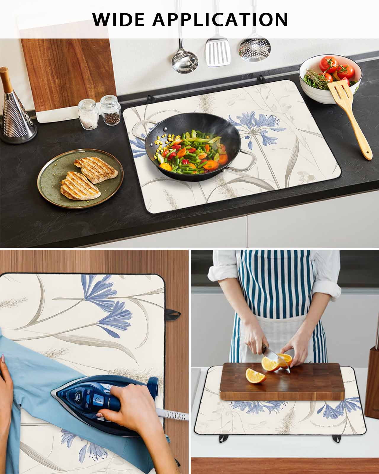 nqOlkjepod Large Induction Cooktop Protector Mat 36"x21", Blue Floral Botanical Stove Top Covers for Electric Stove, Rustic Beige Flowers Decorative Stove Burner Cover Mats, Glass Top Stove Cover