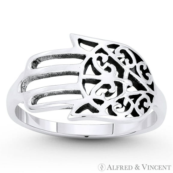 Hamsa Hand Evil Eye Luck Charm Ring in Oxidized .925 Sterling Silver