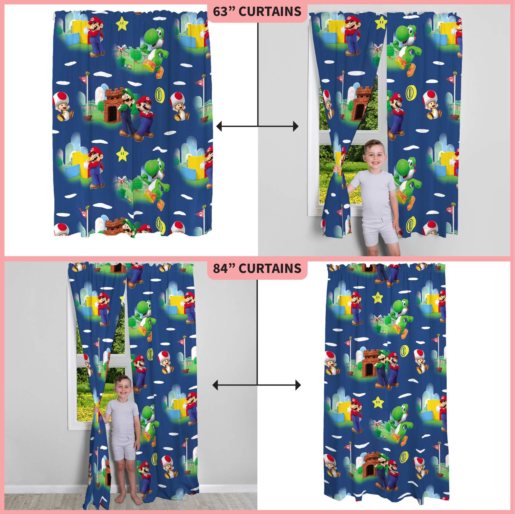 Franco Kids Blue Super Mario Rod Pocket Light Filtering Curtains, 41" x 63" (2 Panels)
