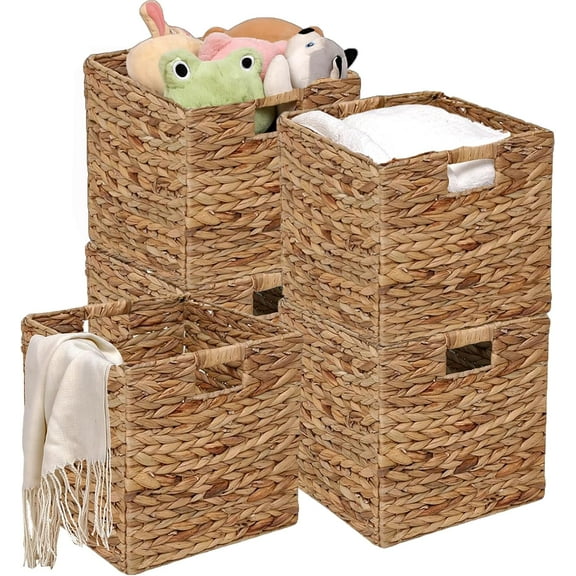 11x11in Wicker Storage Baskets Set of 5 Collapsible Water Hyacinth Basket for Organizing,Handwoven Woven Bins for Bedroom,Living Room,Shelves - Natural