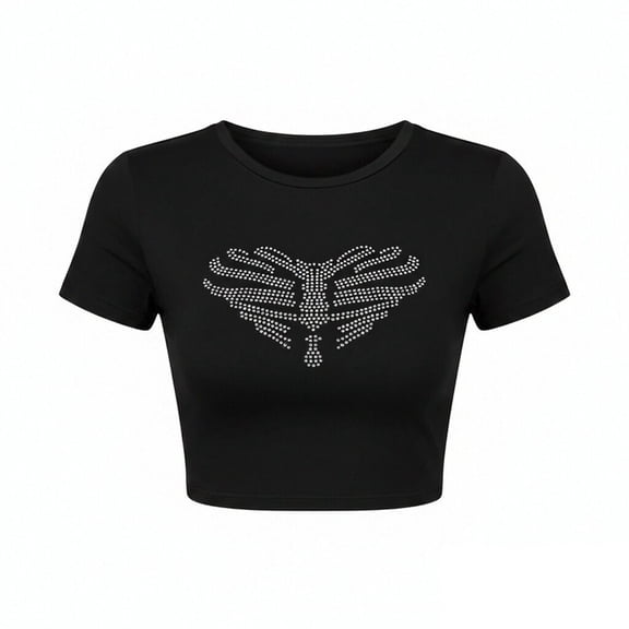 Womens Slim Fit Short Sleeve T Shirt Y2K Streetwear Crewneck Fitted Pullover Crop Tops Summer Tees Black L