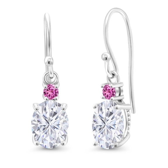 Gem Stone King 10K White Gold Moissanite and Pink Created Sapphire Dangle Earrings for Women (3.10 Cttw, Gemstone Birthstone, Oval 8x6mm)