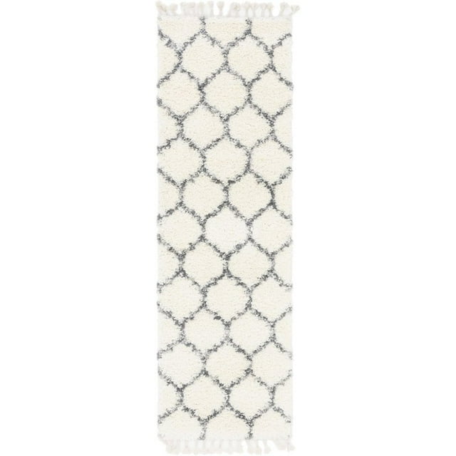 Unique Loom Hygge Shag Geometric Plush & Cozy Rug 2' 7 x 8' 2 Runner Ivory/Gray