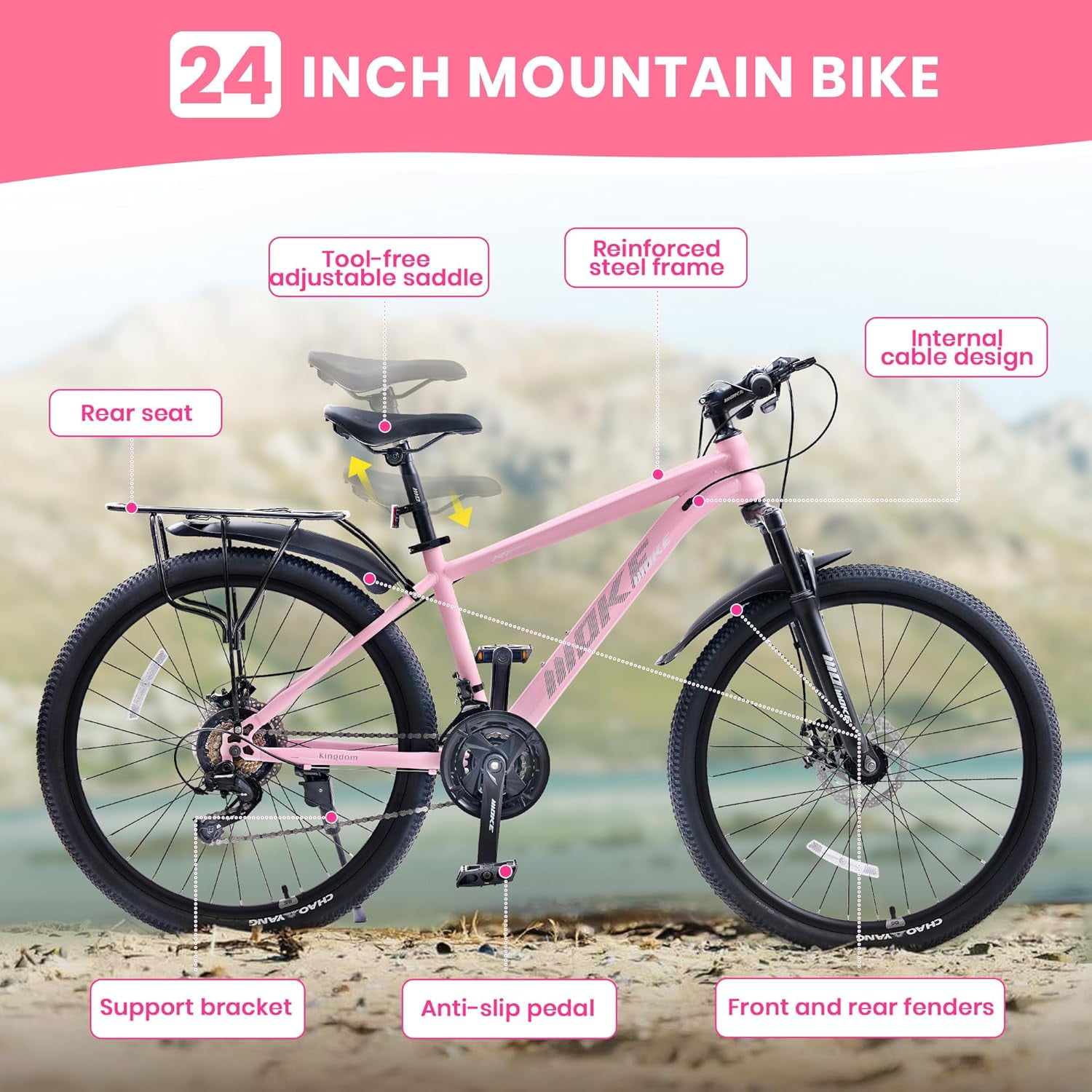 DEYGIA 24 inch Mountain Bike for Over 6 years with 21-Speed Drivetrain, Suspension Fork, Dual Disc Brakes, Rear Rack, Internal Cable