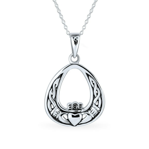 Bling Jewelry Womens Romantic Celtic Love Knot Claddagh Pendant Necklace in Oxidized Sterling Silver