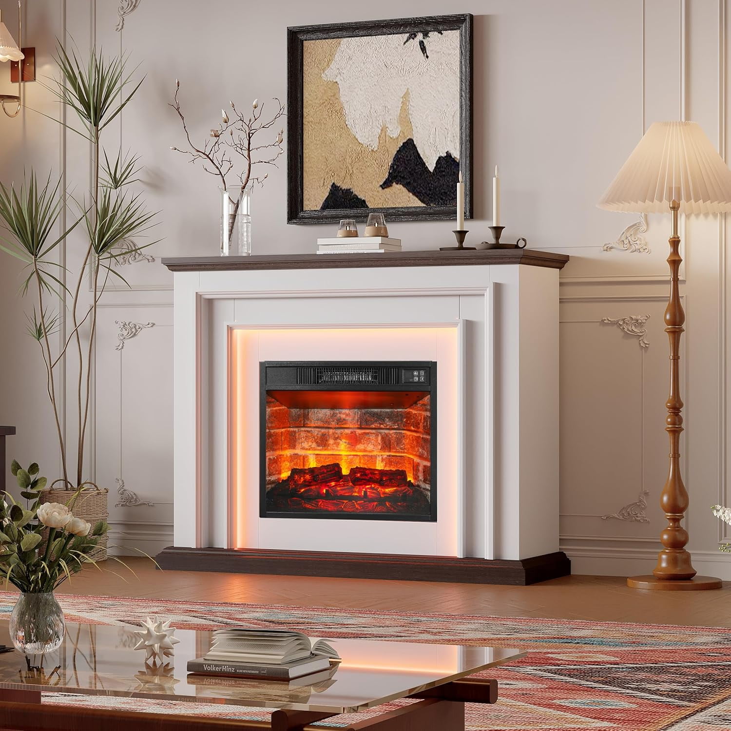BOSHIRO 44-Inch Freestanding Electric Fireplace Heater with Mantel, Realistic LED Flame, Remote & Touch Control, 1400W, White & Brown