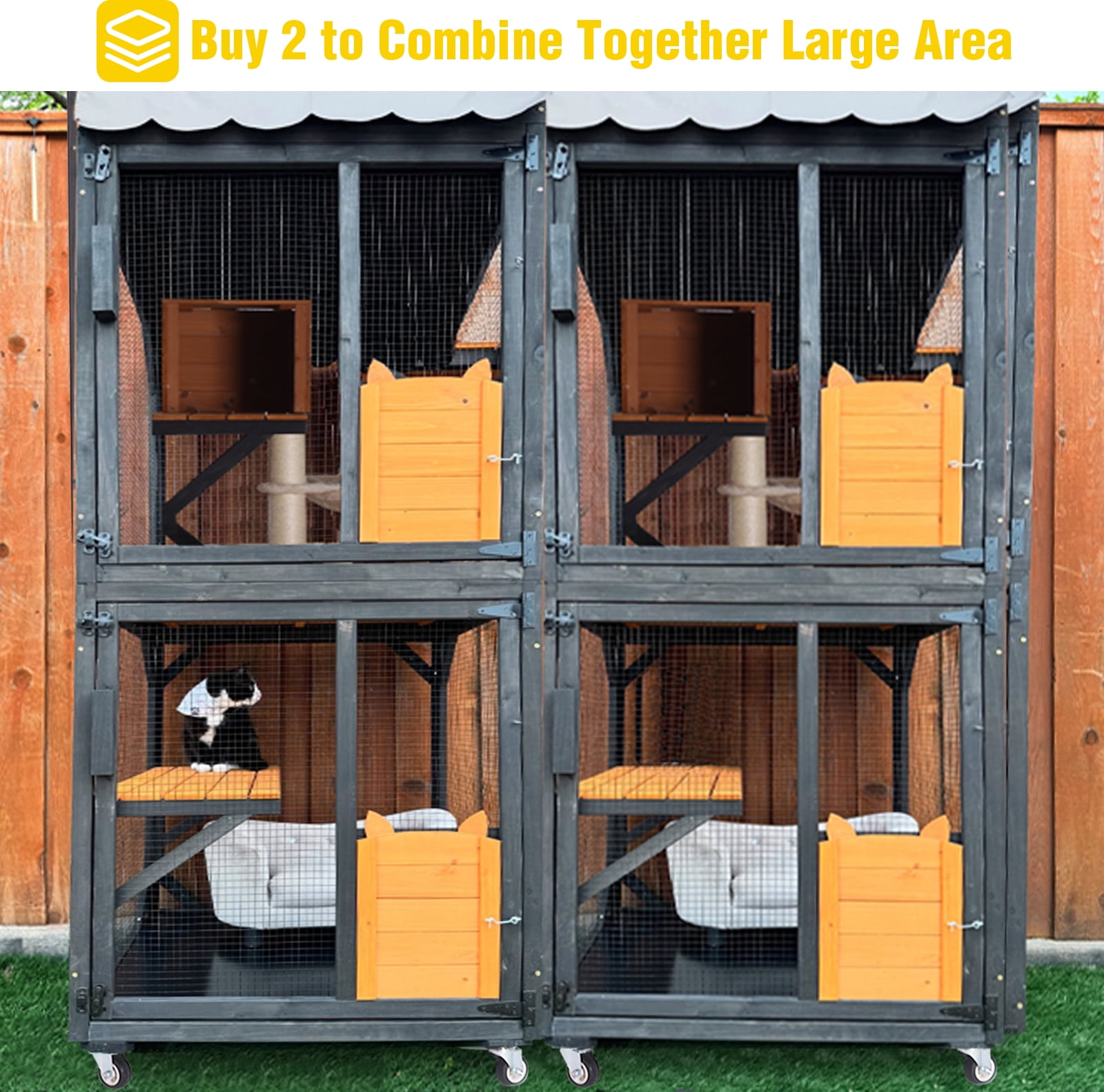 Aivituvin Catio Outdoor Cat Enclosure Mobile Cat House Indoor On Wheels with Scratch Post, Hammock, Resting Box, Platform, Tarp Roof 62.8", Black