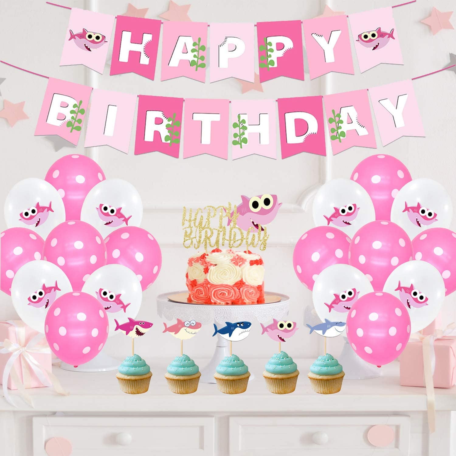 2nd Birthday Baby Shark Decorations Theme For Girl Pink Baby Shark Two Two No 2 Foil Balloons Cake Cupcake Toppers Walmart Com