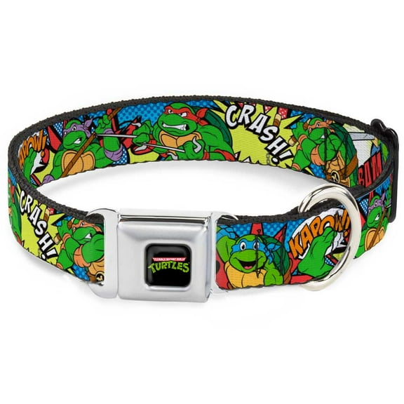 Nickelodeon Pet Collar, Dog Collar Metal Seatbelt Buckle, Ninja Turtles Action Poses Action Bubbles Dots Blues, 9.5 to 13 Inches 1.0 Inch Wide