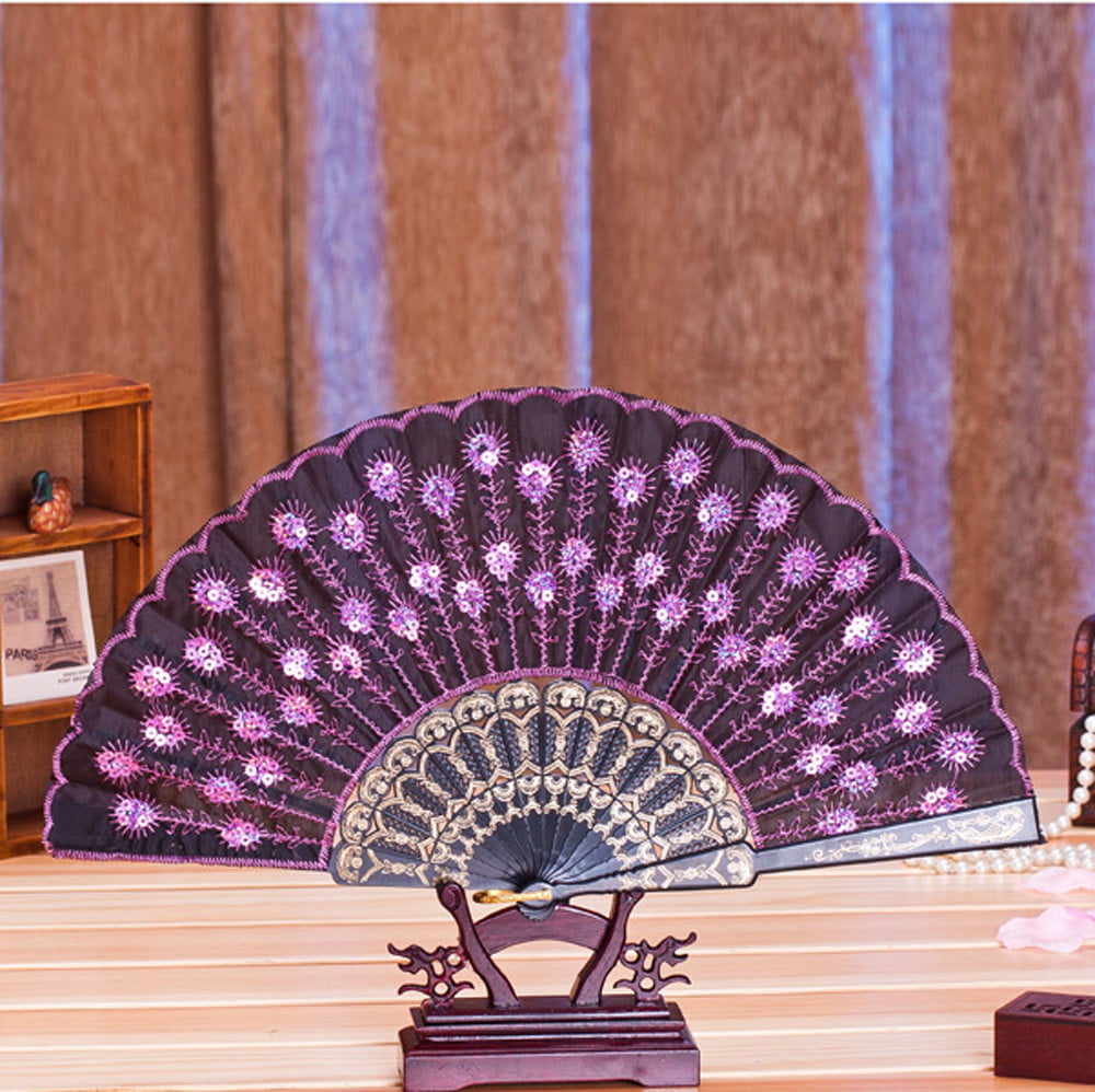Peacock Print Folding Hand Held Dance Fan Embroidered Sequin Party Wedding Prom 
