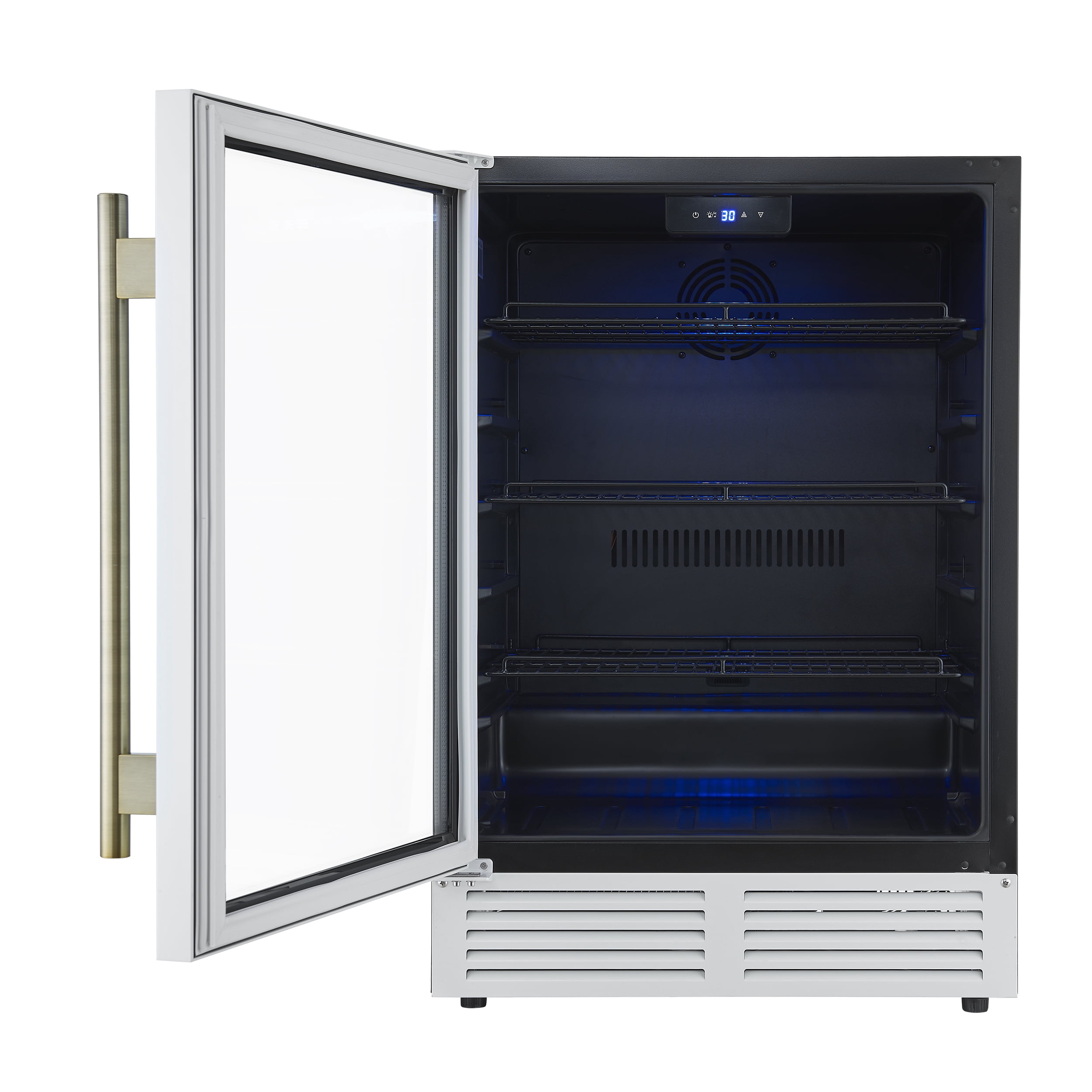 Forno Frescolino 24 Inch Beverage Cooler, White with Antique Brass Handles, with LED Lighting, Triple Glass Door, 188 Can Capacity, Built-In or Freestanding