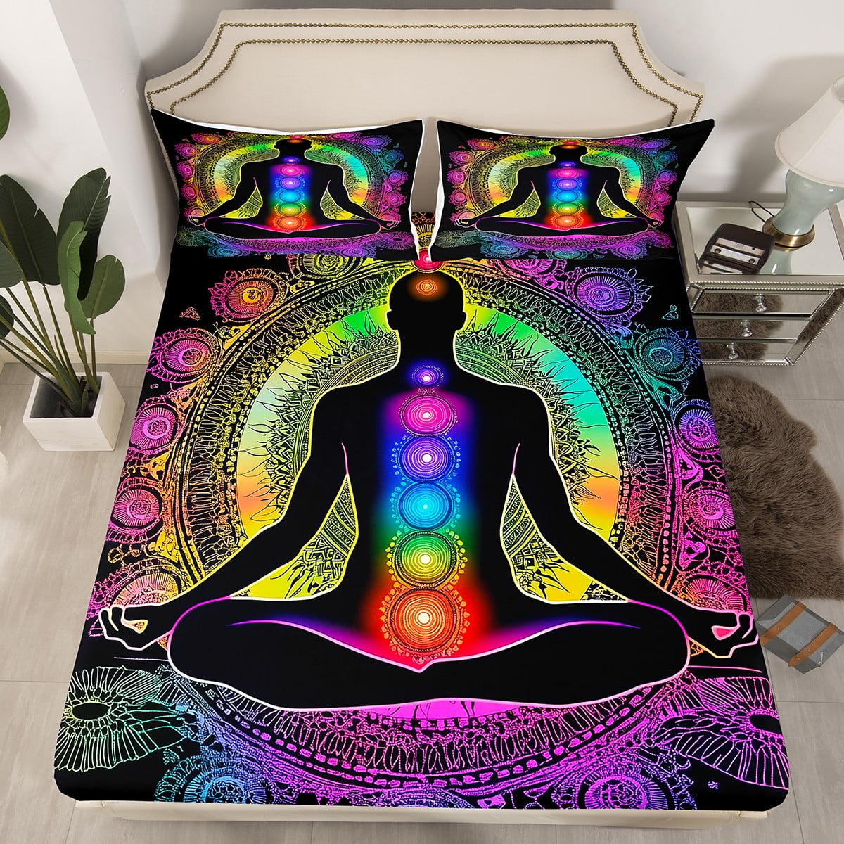 Yoga Fitted Sheet Gradient Mandala Bed Sheets,Chakra Meditation
