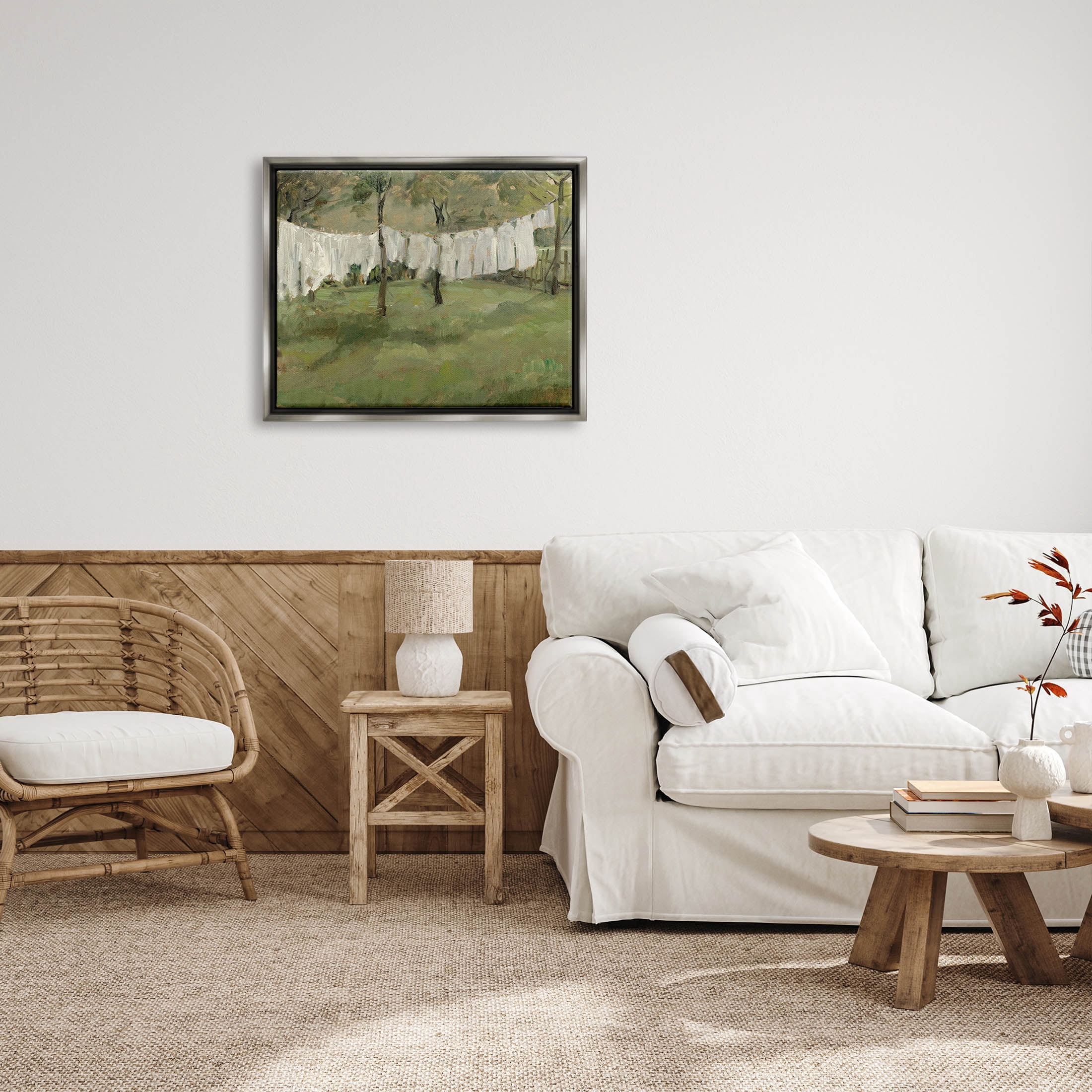 Soothing Yard Clothesline Scene Landscape Painting Luster Gray Framed Art Print Wall Art
