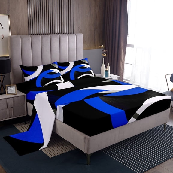Erosebridal Blue Circle Sheet Set Twin,Geometric Stripes Bedding Sets Twin Size,Round Lines Twin Sheet Sets,Ultra Soft Abstract Bedroom Decorative,3pcs