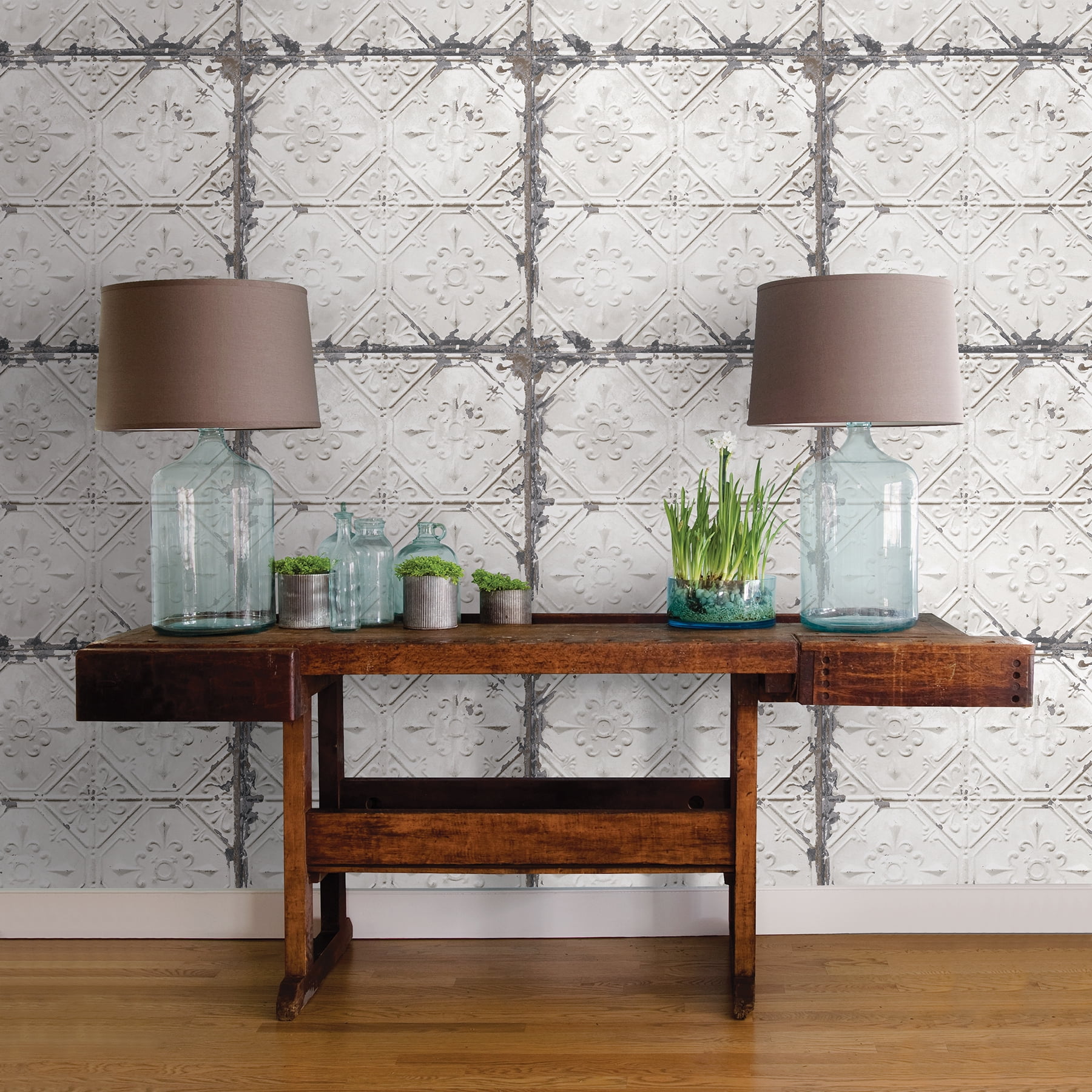 NuWallpaper Vintage Tin Tile Vinyl Peel And Stick Wallpaper, 216-in by 20.5-in, 30.75 sq. ft.