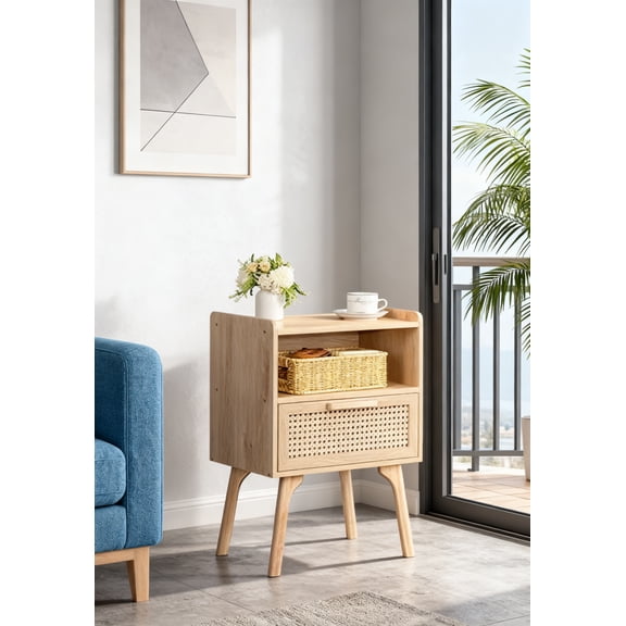 Natural Rattan Boho Side Table - Bedside Nightstand with Drawer & Open Shelf, Solid Wood Legs for Bedroom Dorm Small Spaces