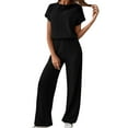 thumbnail image 2 of BYHONG Womens Pant Suits Women's Two Piece Outfits Crew Neck Slit Hem Blouses Women Pants Sets Black M, 2 of 7