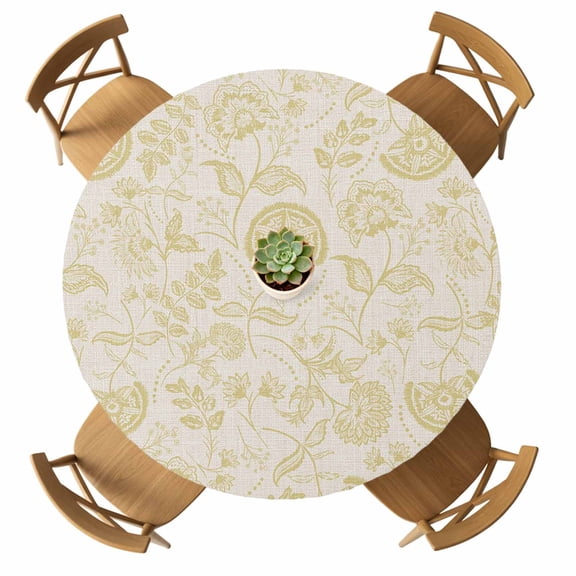 Round Fitted Tablecloth with Elastic Yellow Pastoral Flowers Tablecloths Waterproof Oil Proof Farmhouse Floral Table Cover for Kitchen Dinner Holiday Party Picnic Fits Tables up to 36"- 44" Diameter