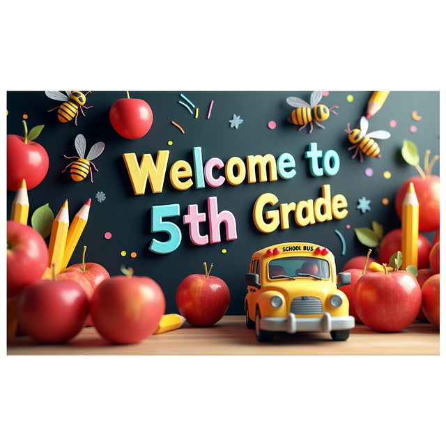 Cute Cartoon Style Welcome to 5 Grade Banner with Bees Apples and School Bus Background Party Decorations Backdrop for Classroom Entrance First Day of School Photo Booth Props School Events