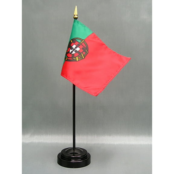 Made in The USA. 2 Portugal Rayon 4"x6" Miniature Office Desk & Little Hand Waving Table Flags Includes 2 Flag Stands & 2 Small Mini Portuguese Stick Flags, Also Includes Portugal Flag Lapel Pin.