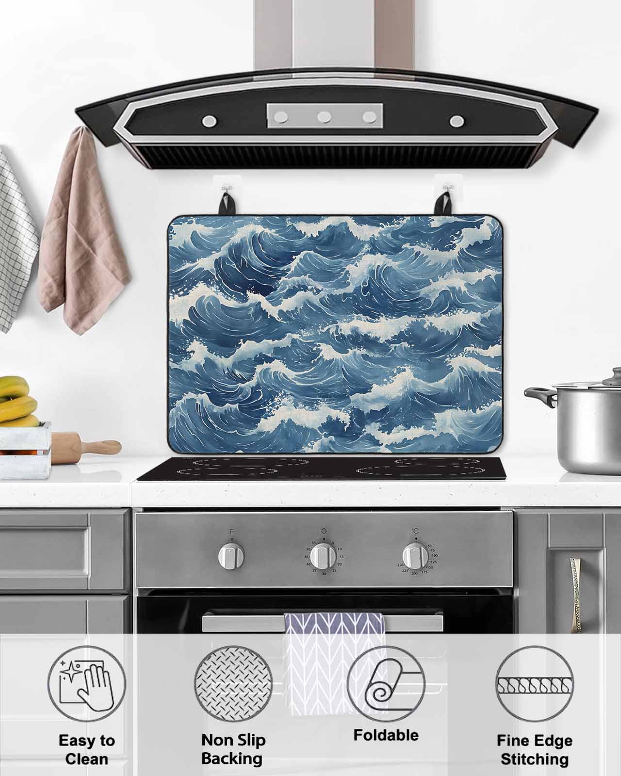 nqOlkjepod Large Induction Cooktop Protector Mat 24"x21", Ocean Waves Stove Top Covers for Electric Stove, Summer Beach Coastal Nautical Burlap Stove Burner Cover Mats, Glass Top Stove Cover