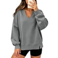 thumbnail image 2 of thefmos Women's Deep V Neck Long Sleeve Sweatshirt Side Slit Plus Size Solid Color Casual Fashion Pullover Fall Winter Clothes, Gray XL, 2 of 6
