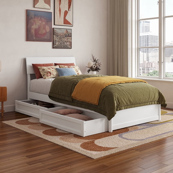 Norla Twin XL Wood Platform Bed with Footboard and Drawers in White