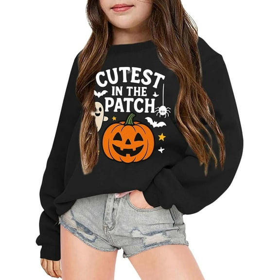 Tfken Halloween Toddler Kids Girls Sweatshirt Daily Wear Comfortable Pullover Sweater Pumpkin Print Long Sleeve Black Tops Size 3-4 Years