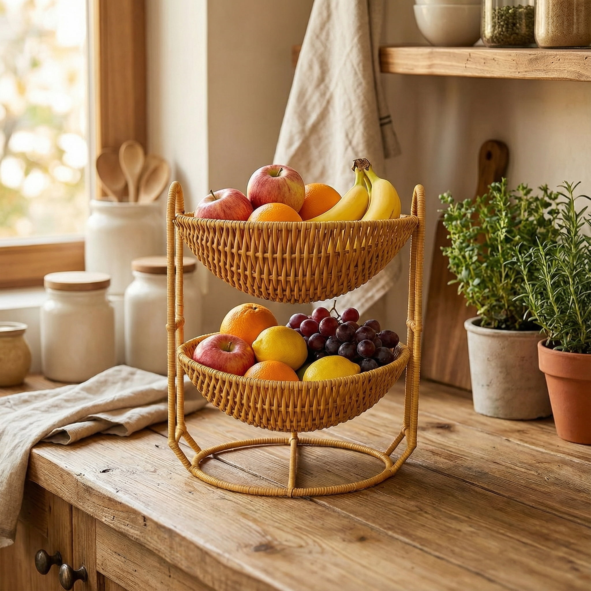 Handles Rattan Fruit Storage Basket, Beige Japanese