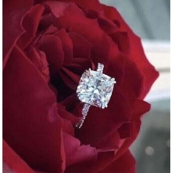 3Ct Cushion Cut Lab Created Diamond Engagement Gift Ring 14K White Gold Plated Sterling Silver