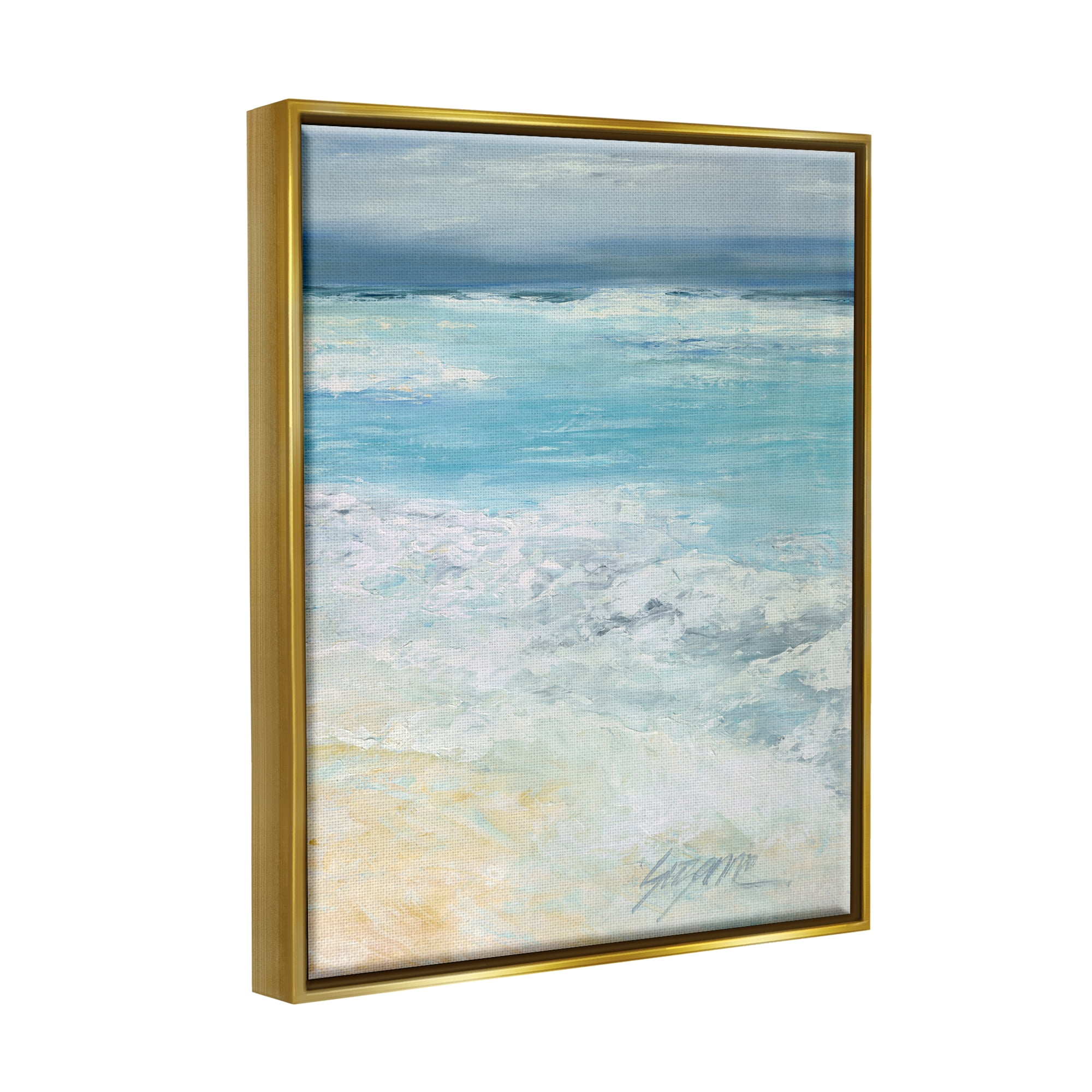 Stupell Industries Modern Beach Waves Abstract Shore Coastal Painting Gold Floater Framed Art Print Wall Art