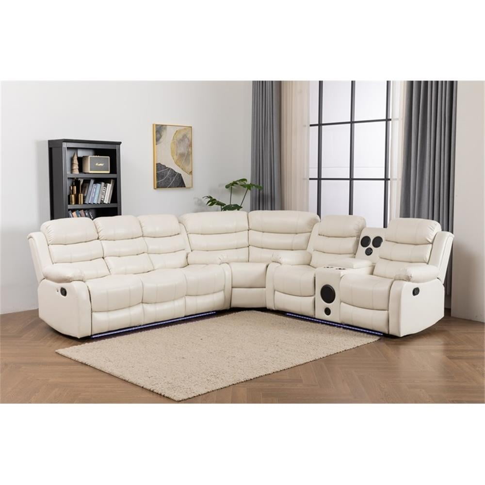 Pemberly Row Faux Leather Living Room Set Modern Reclining Sectional Sofa White