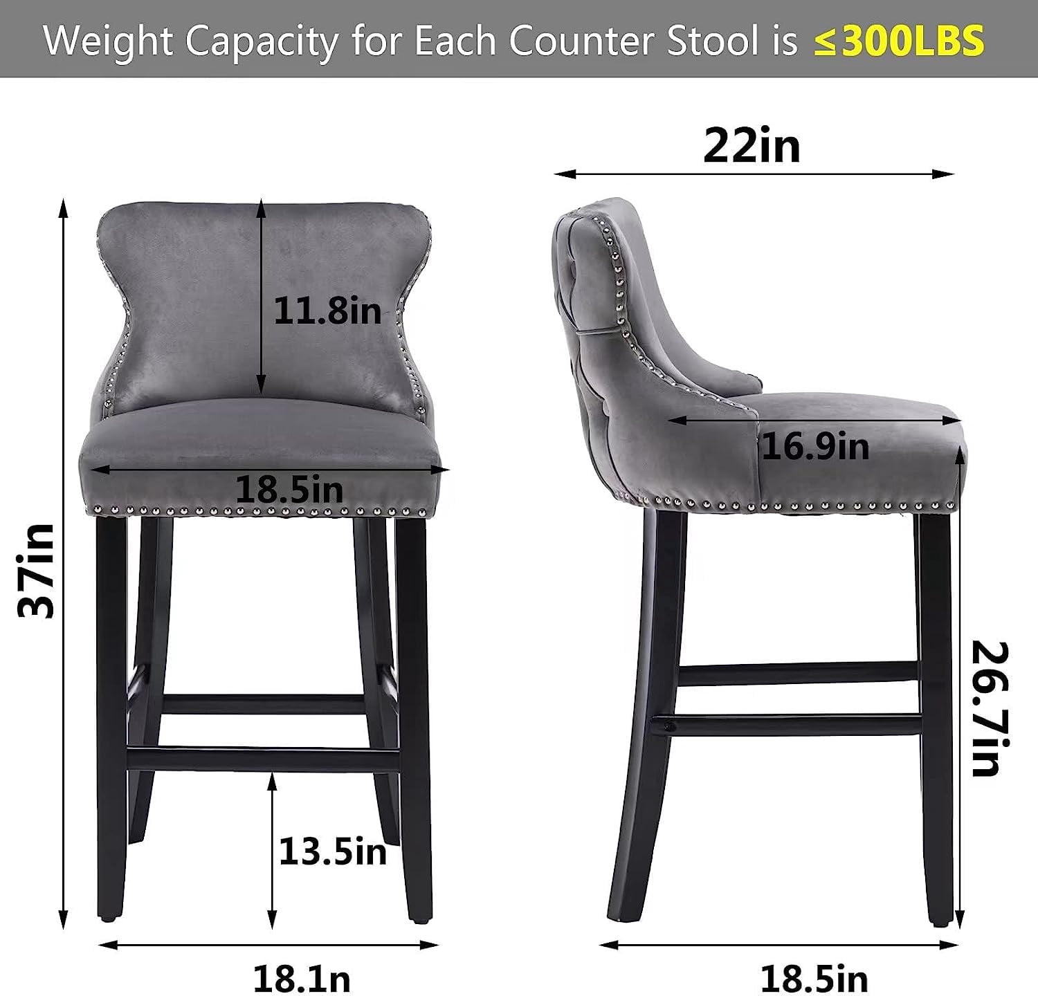 Seizeen Counter Height Bar Stools, Set of 2, Wing-back Velvet Dining Chairs with Soft Cushion, Solid Wood Legs, Button Tufted Decoration and Chrome Nailhead Trim, Gray